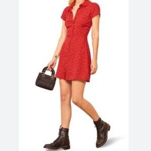 Reformation Red and white polka dot button down mini dress